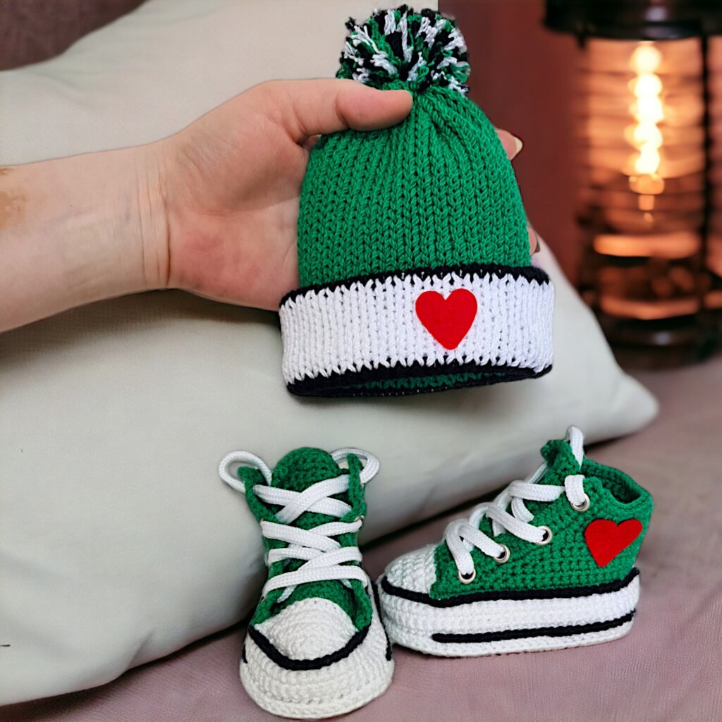Green Baby Booties & Crochet Beanie - view 2