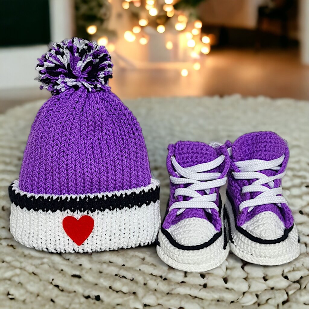 Purple Crochet Sneaker and Beanie - view 2 Purple Crochet Sneaker and Beanie - view 2