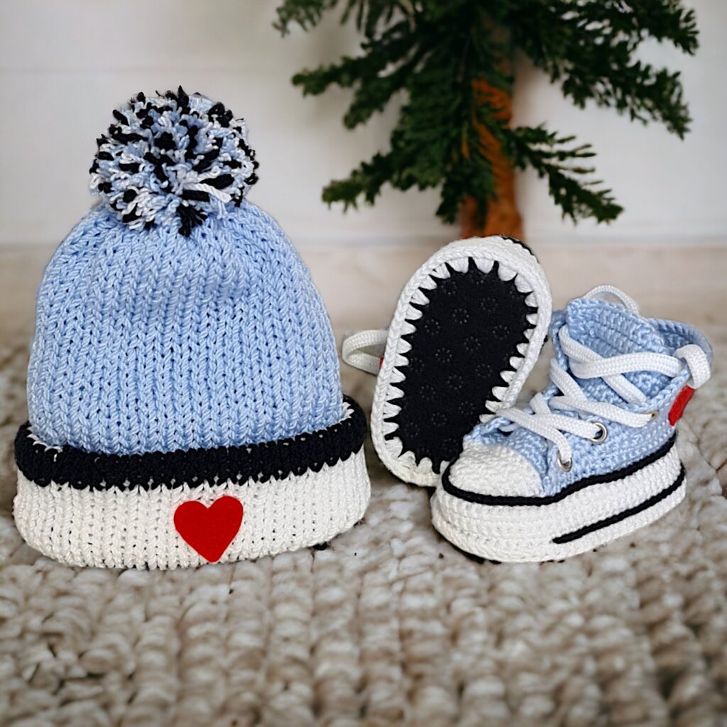Turquoise Hand-Knitted Baby Booties & Beanie Set - view 2