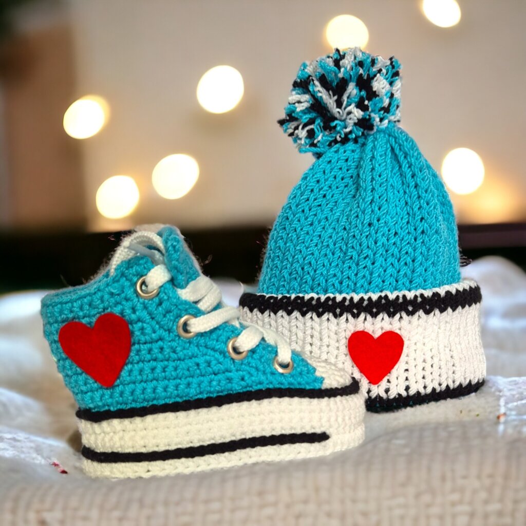 Turquoise Crochet Baby Booties & Beanie Set - view 5
