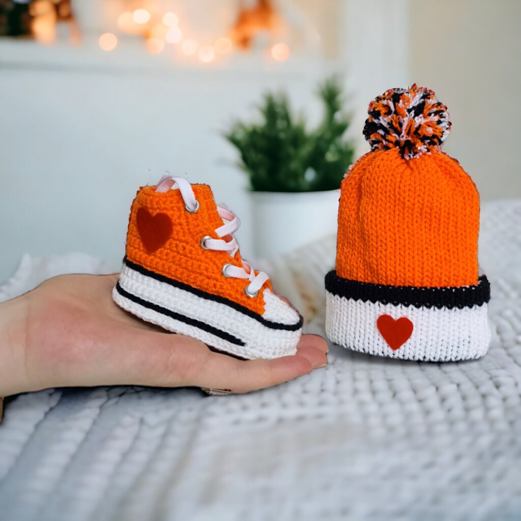 Hand Knitted Baby Girl/Boy Orange Booties/Beanie Set - view 2 Hand Knitted Baby Girl/Boy Orange Booties/Beanie Set - view 2