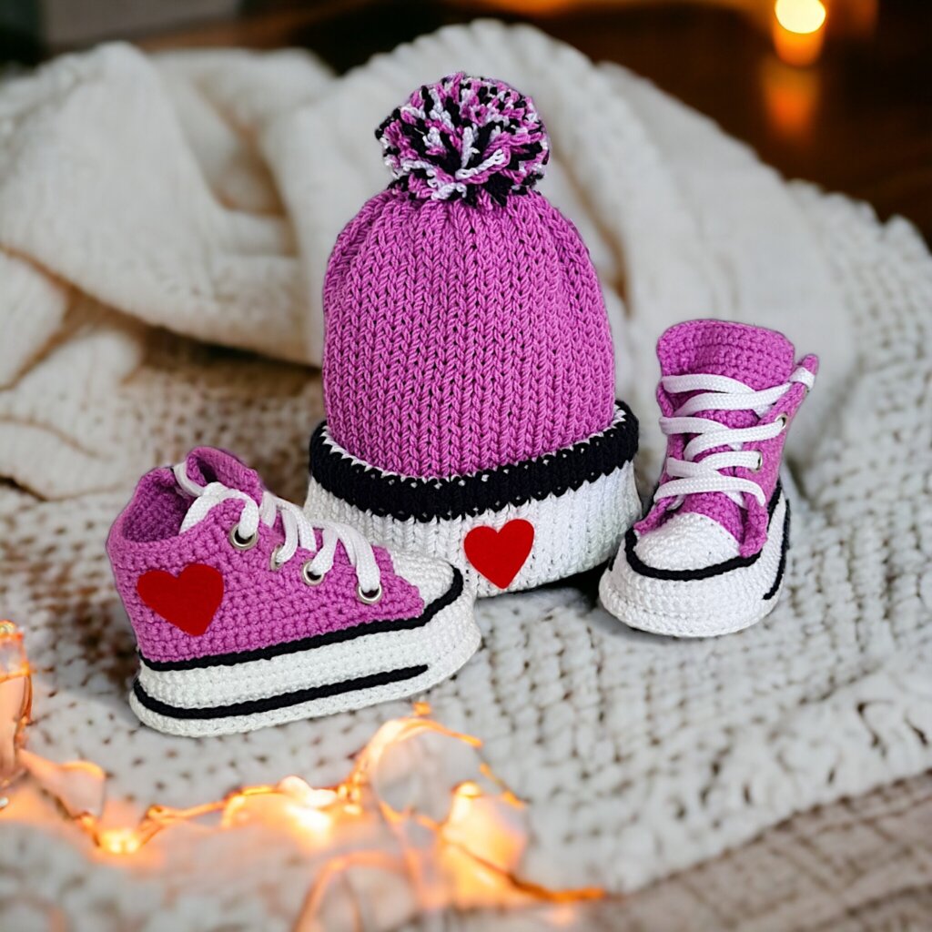 Crochet Lilac Baby Booties Custom Beanie Set - view 2 Crochet Lilac Baby Booties Custom Beanie Set - view 2