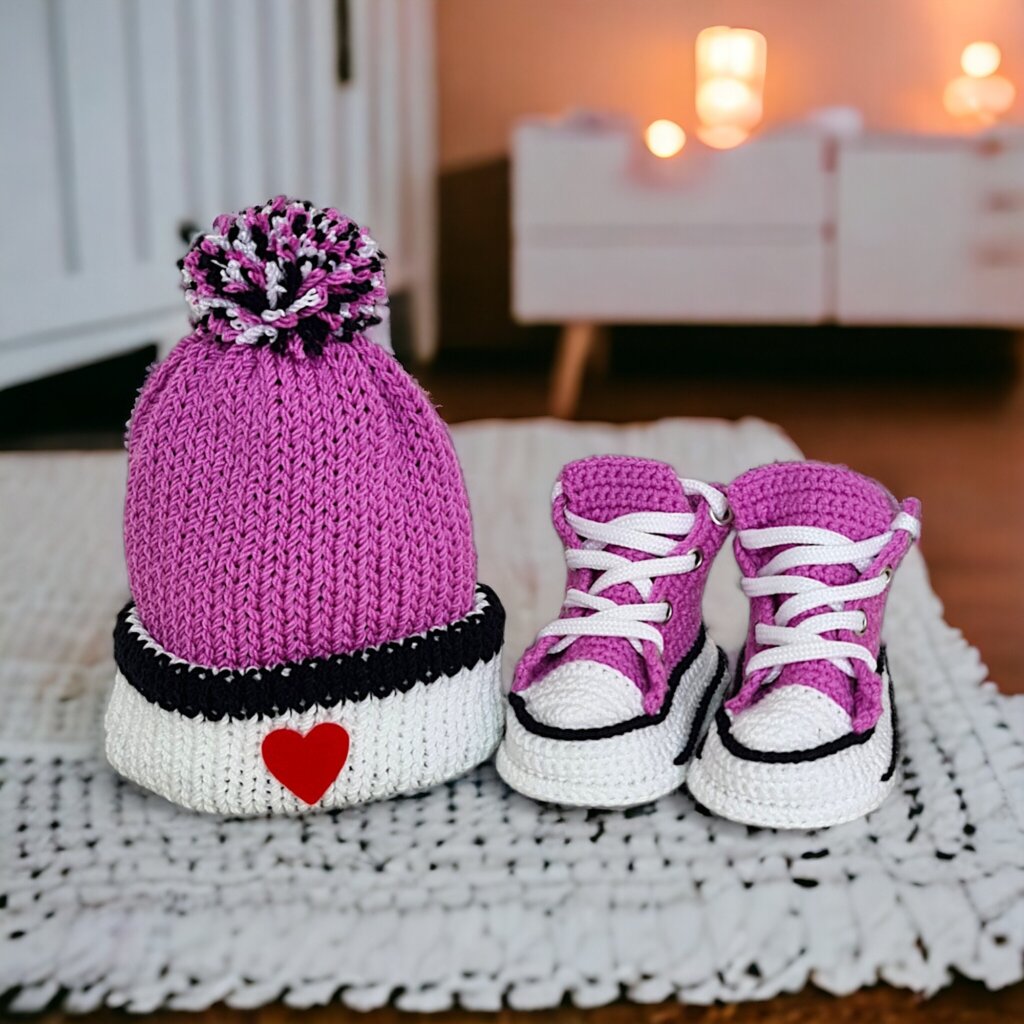 Crochet Lilac Baby Booties Custom Beanie Set - view 3 Crochet Lilac Baby Booties Custom Beanie Set - view 3