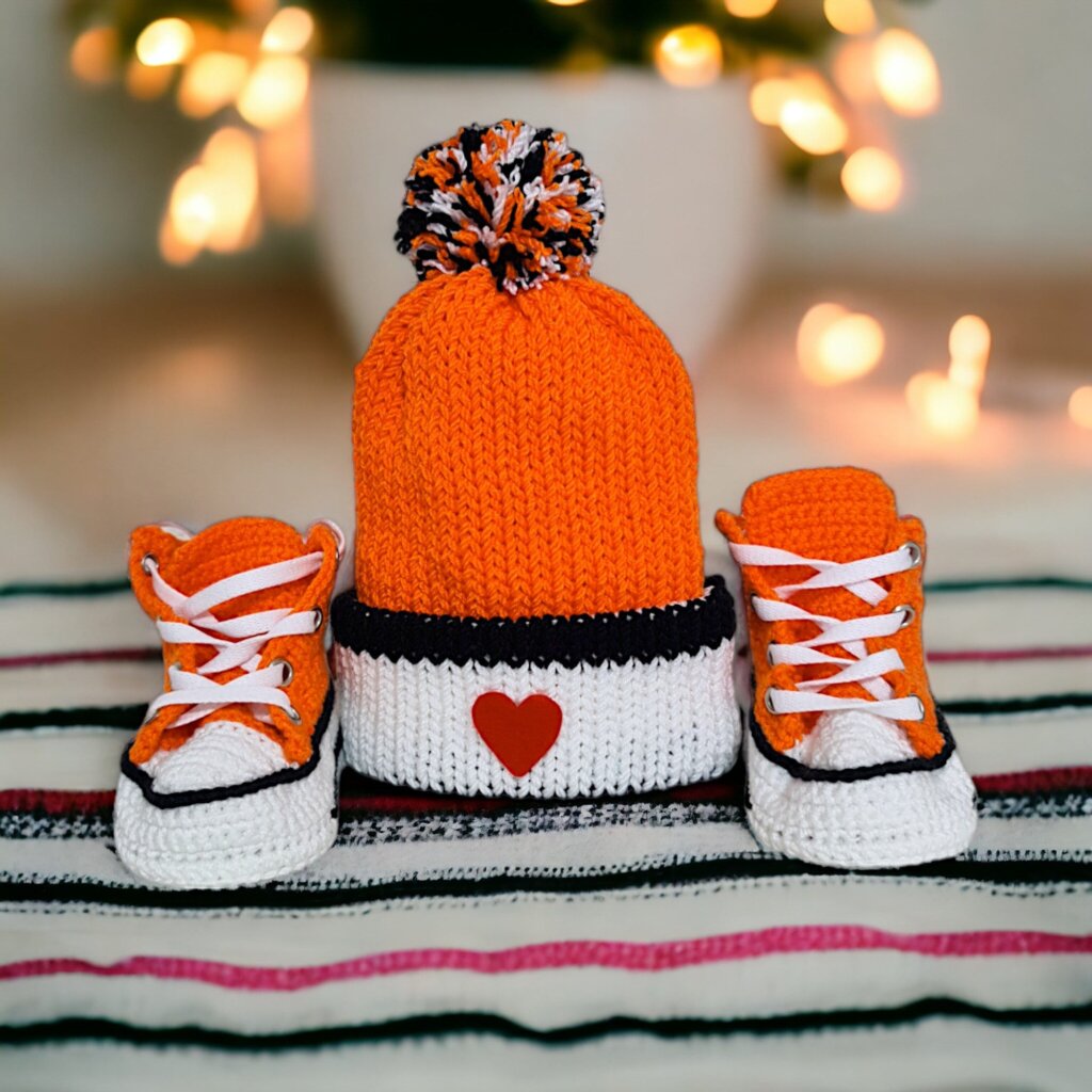 Hand Knitted Baby Girl/Boy Orange Booties/Beanie Set - view 4 Hand Knitted Baby Girl/Boy Orange Booties/Beanie Set - view 4