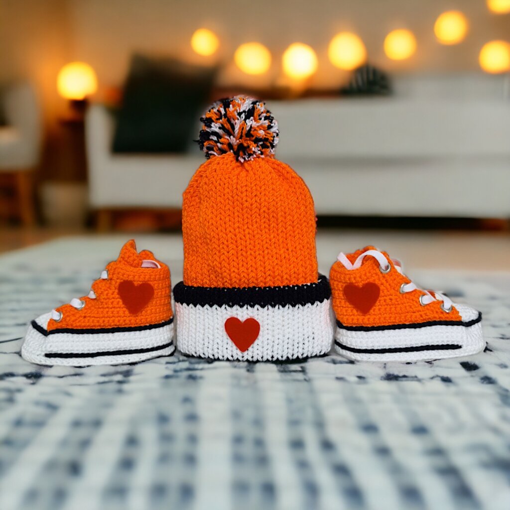 Hand Knitted Baby Girl/Boy Orange Booties/Beanie Set - view 5 Hand Knitted Baby Girl/Boy Orange Booties/Beanie Set - view 5