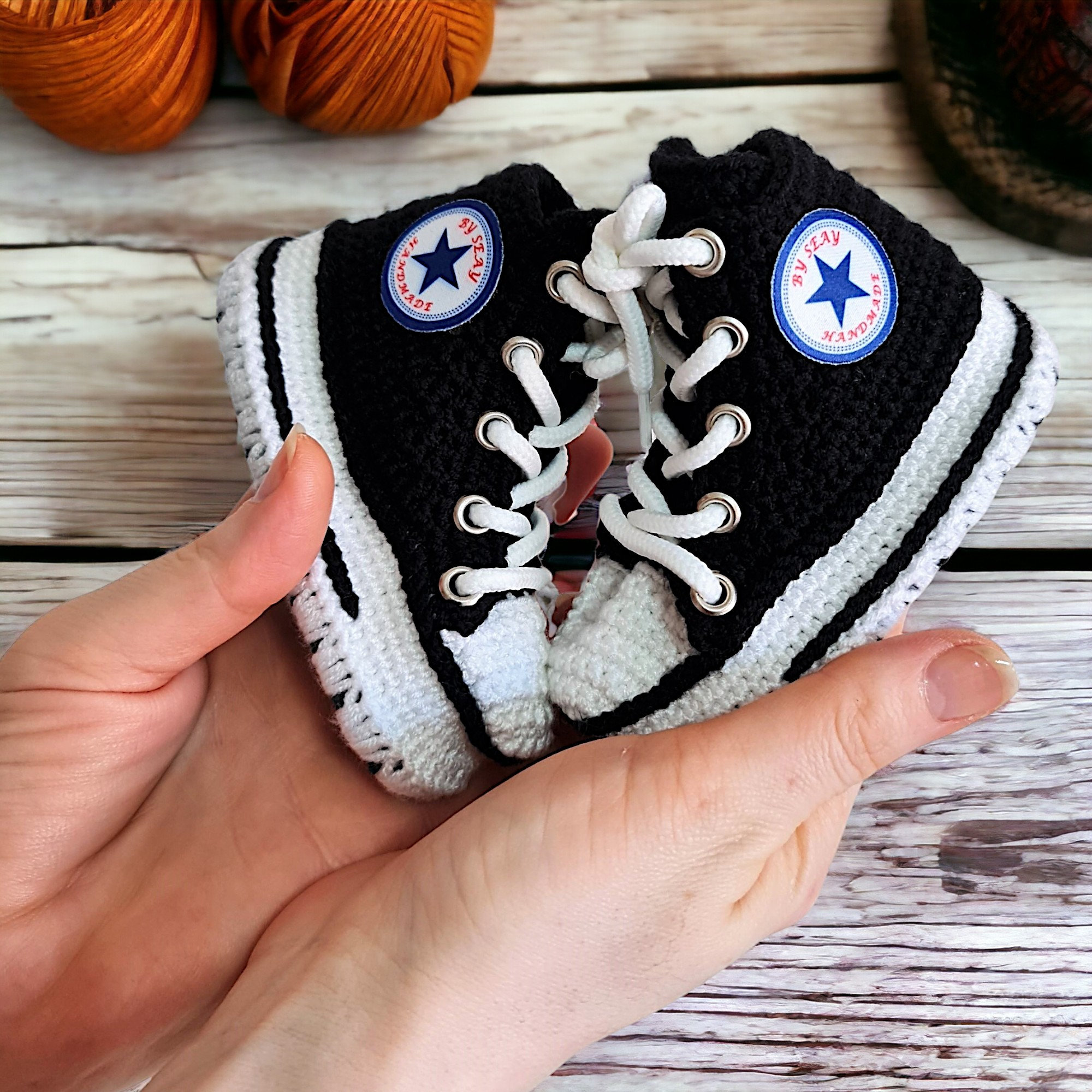 Converse Style Black Crochet Baby Sneakers Newborns Organic Booties Custom Baby Jordan Shoes Perfect Baby Shower Gift 0 3 3 6 Months
