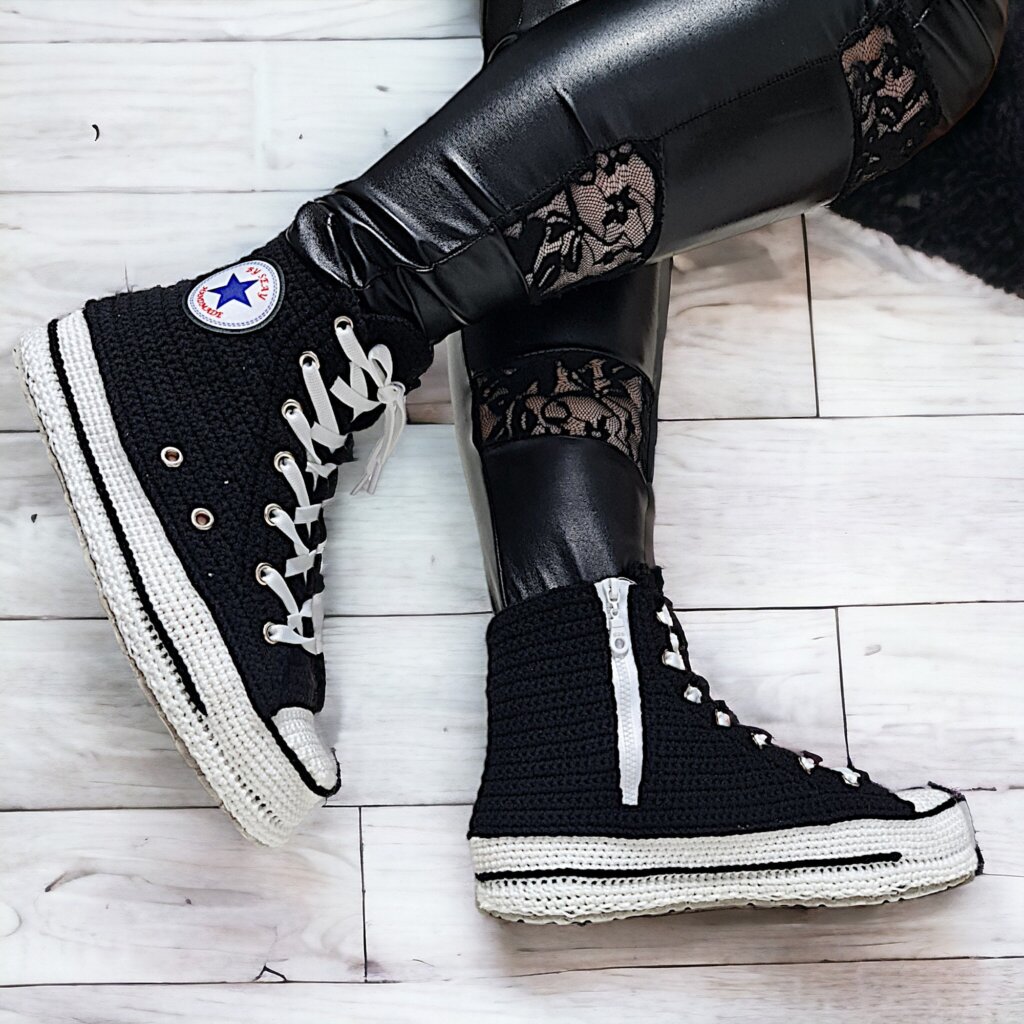 Handmade Black Crochet Sneakers Style Slippers - view 5