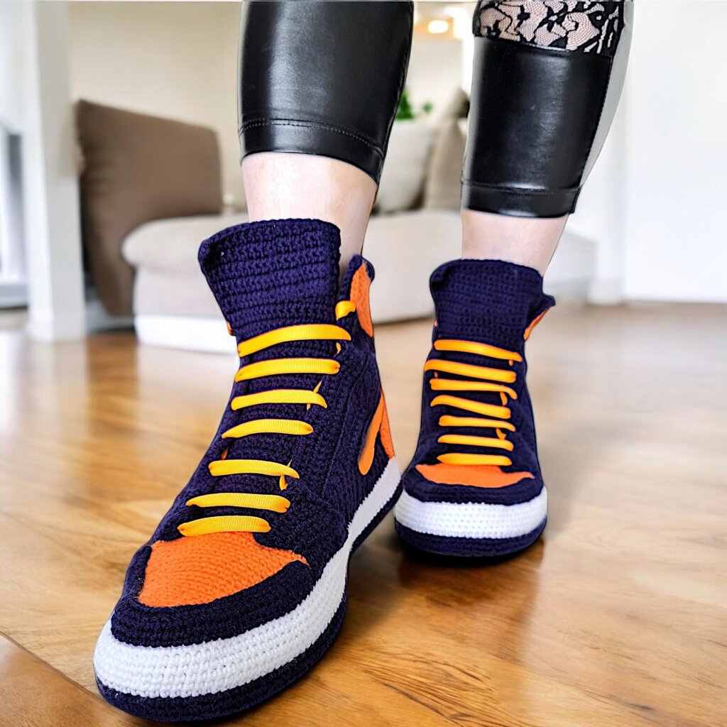 Navy Blue & Orange Jordan-Like Crochet Basketball Sneakers Slippers - view 3