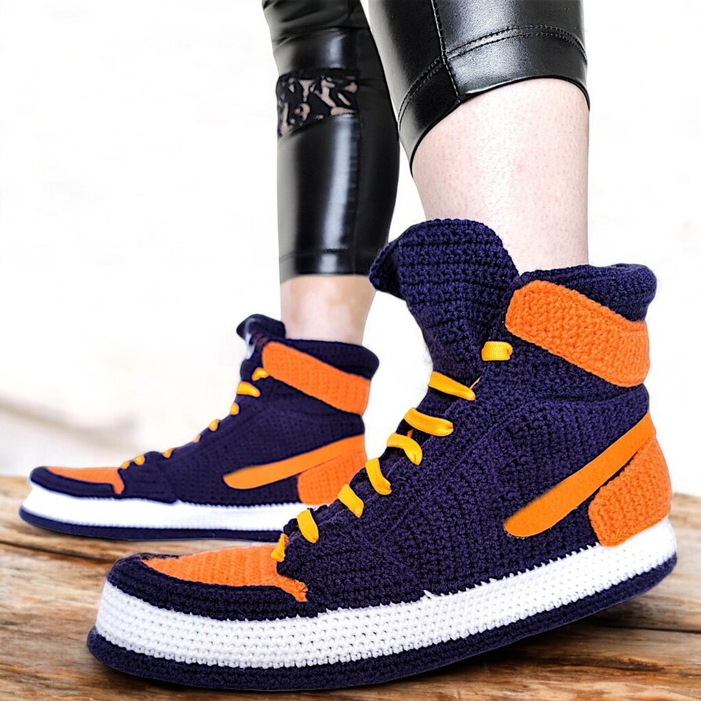 Navy Blue & Orange Jordan-Like Crochet Basketball Sneakers Slippers - view 4