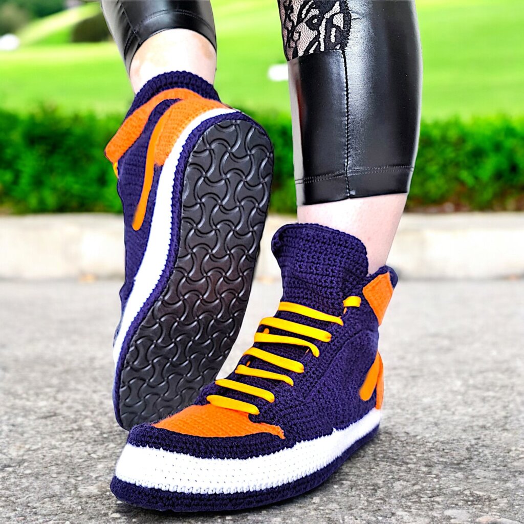 Navy Blue & Orange Jordan-Like Crochet Basketball Sneakers Slippers - view 2