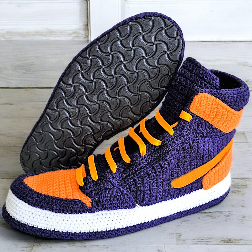 Navy Blue & Orange Jordan-Like Crochet Basketball Sneakers Slippers - view 5