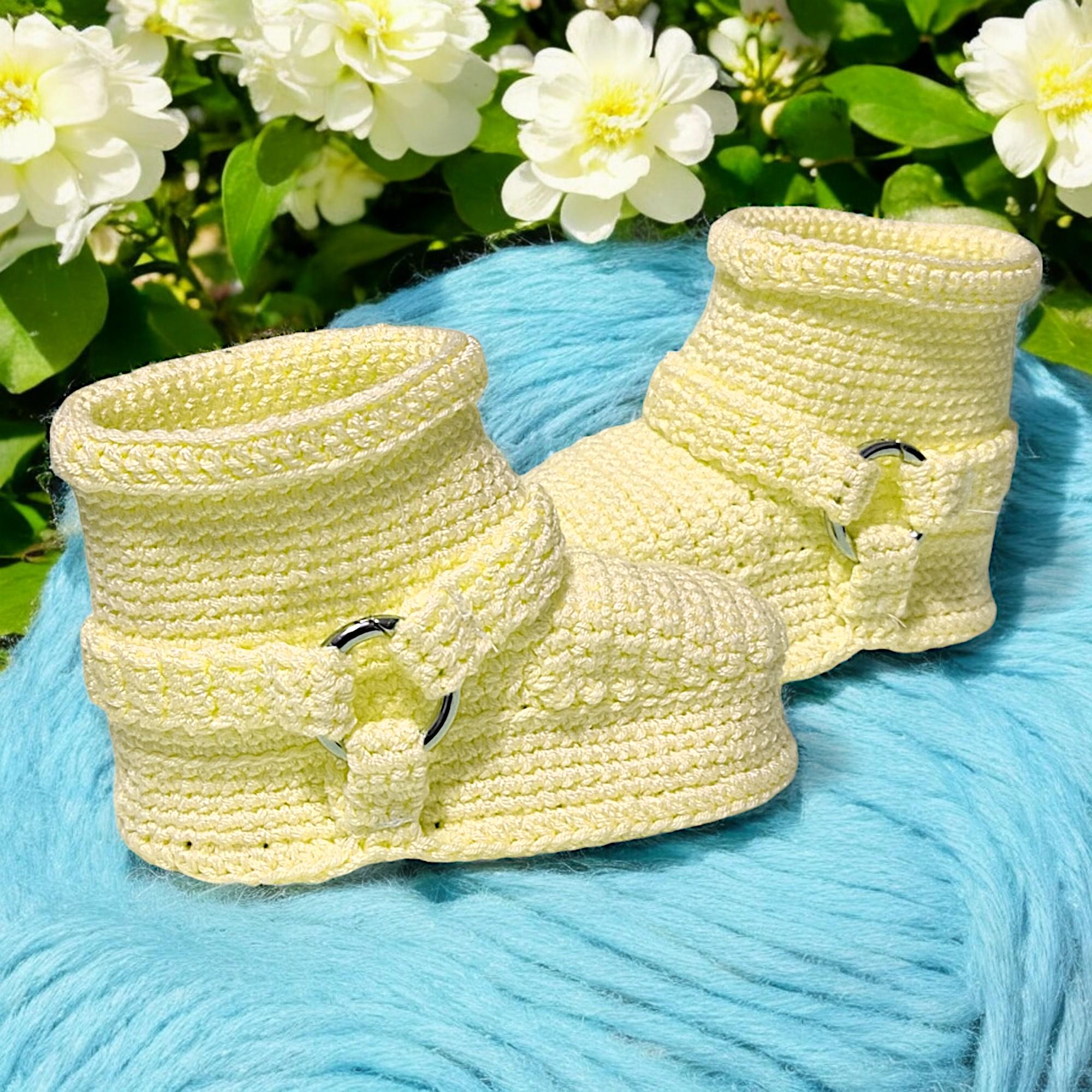 Gender Neutral Yellow Baby Booties Handmade Organic Cotton Crochet Sneakers Motorcycle Baby Crib Shoes Newborn Gift for Boys and Girls