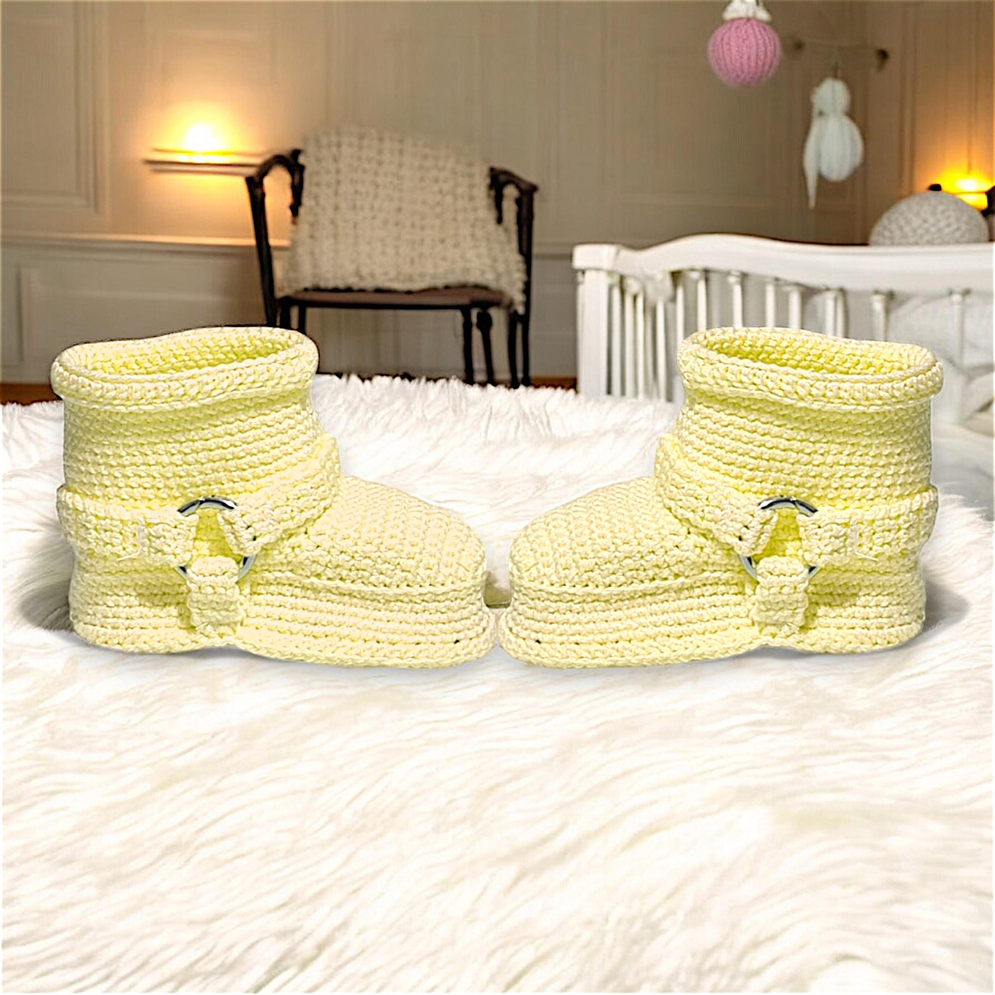 Gender Neutral Yellow Baby Booties Handmade Organic Cotton Crochet Sneakers Motorcycle Baby Crib Shoes Newborn Gift for Boys and Girls