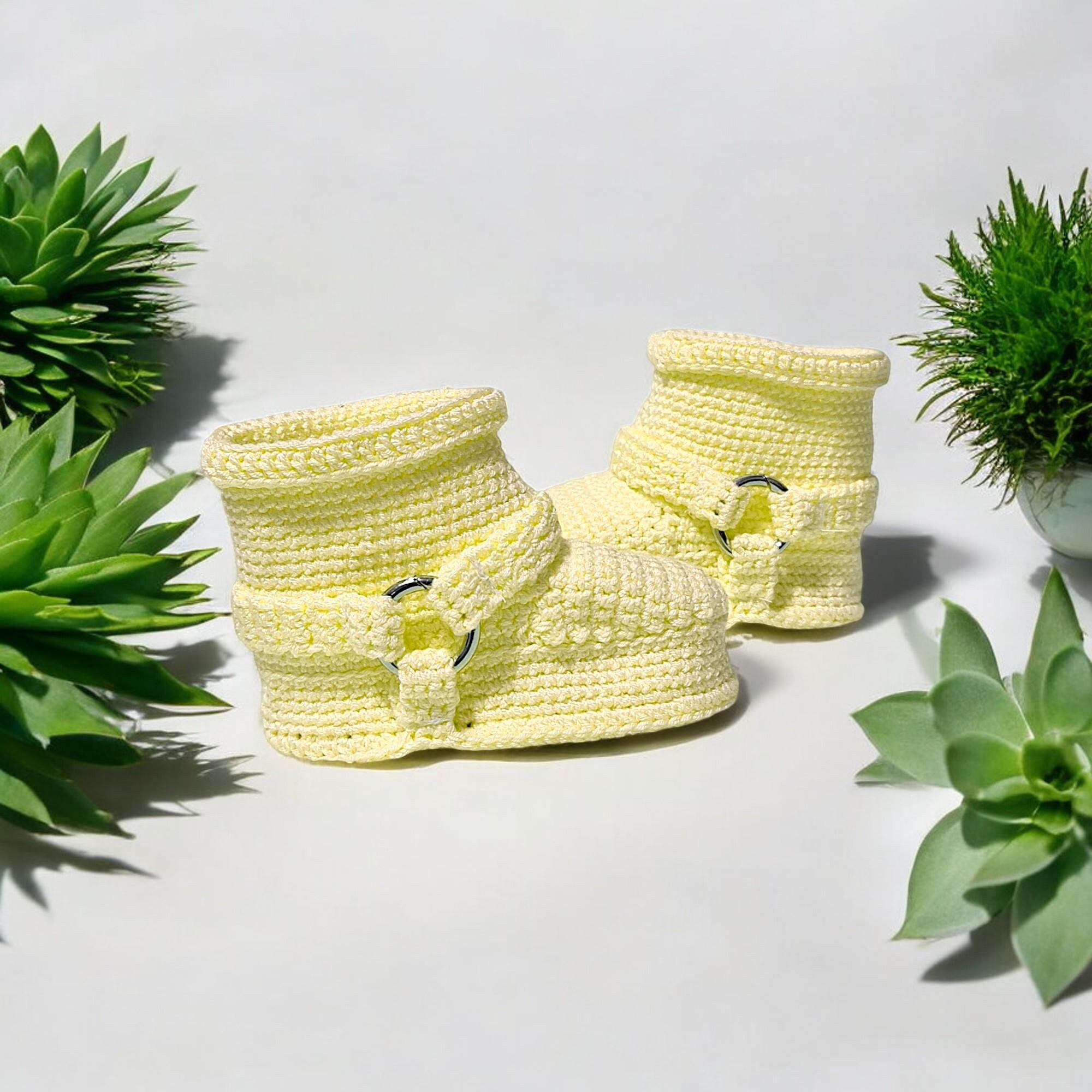 Gender Neutral Yellow Baby Booties Handmade Organic Cotton Crochet Sneakers Motorcycle Baby Crib Shoes Newborn Gift for Boys and Girls