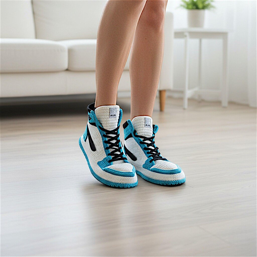 Turquoise Crochet Jordan Style High-Top Sneakers - view 5