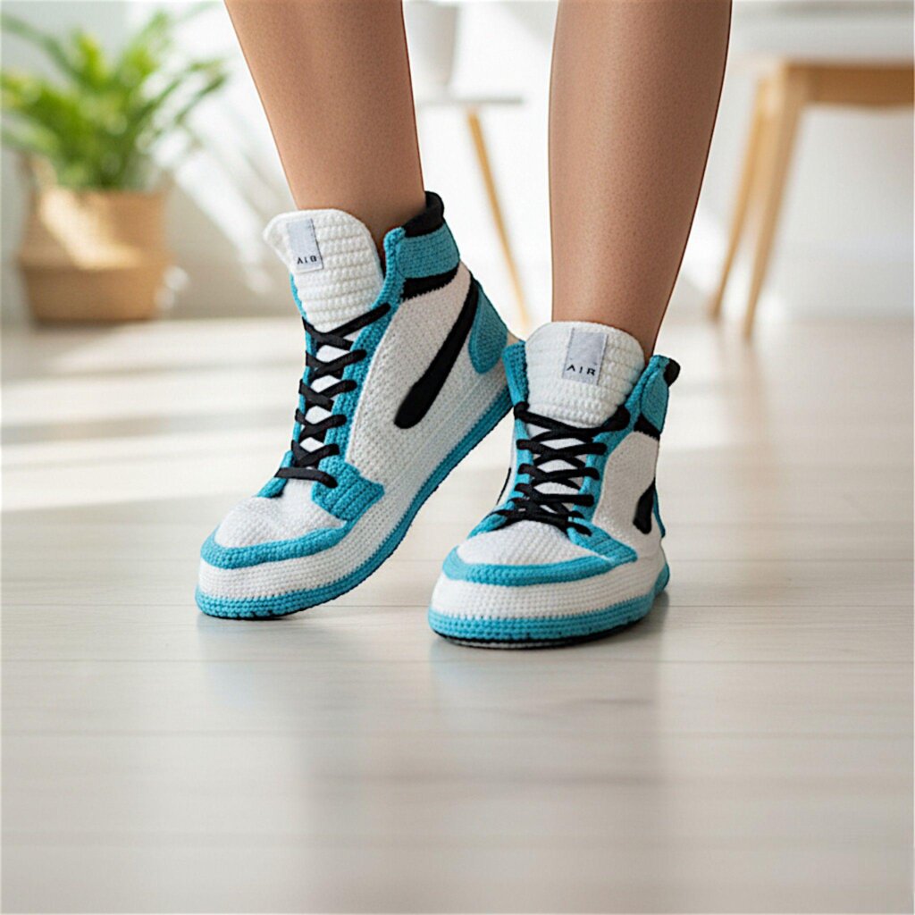 Turquoise Crochet Jordan Style High-Top Sneakers - view 3