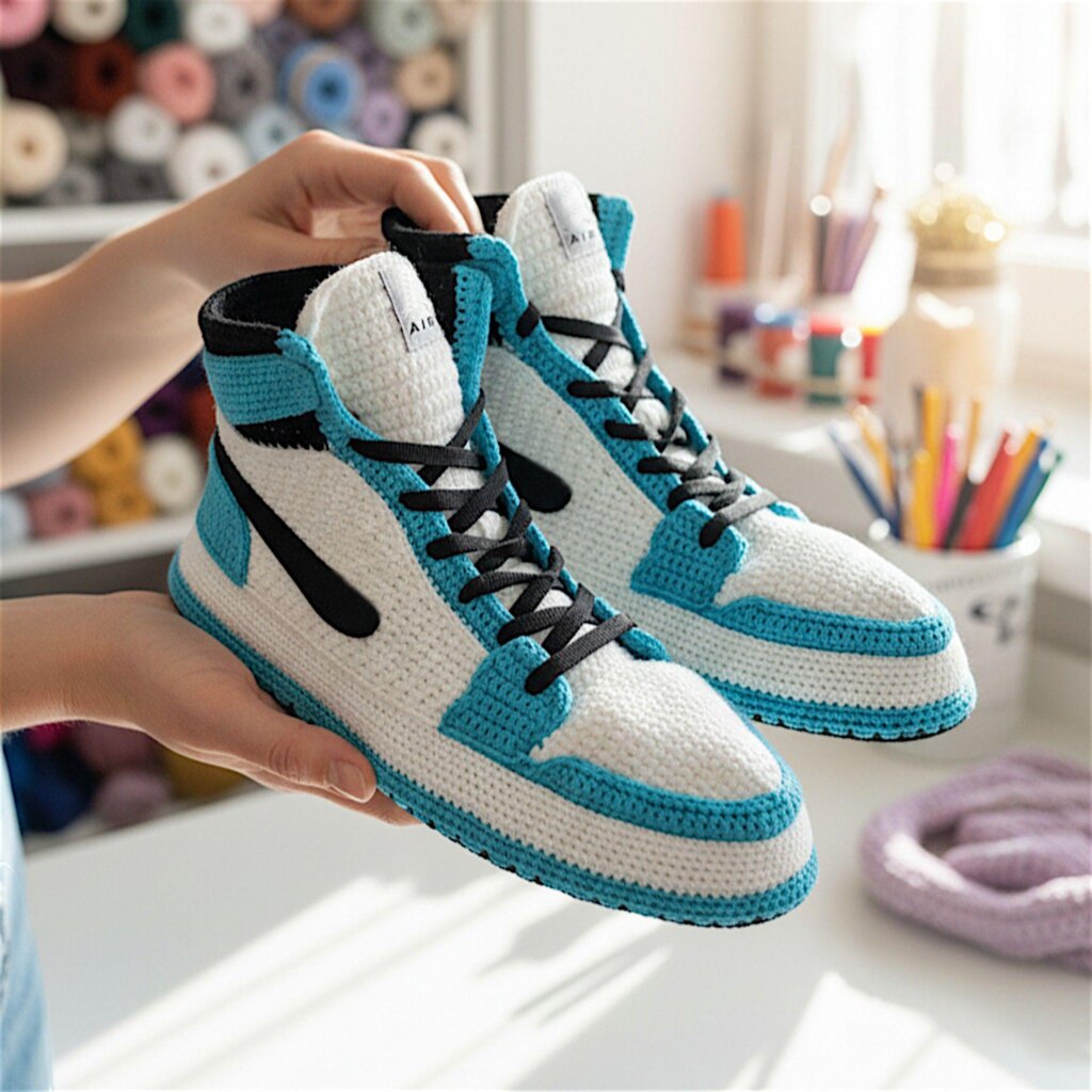 Turquoise Crochet Jordan Style High-Top Sneakers - view 2