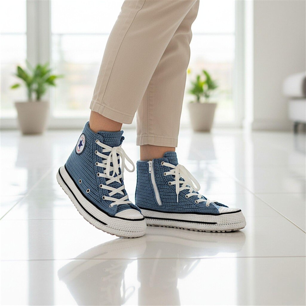 Denim Blue Crochet Sneaker Slippers - view 5