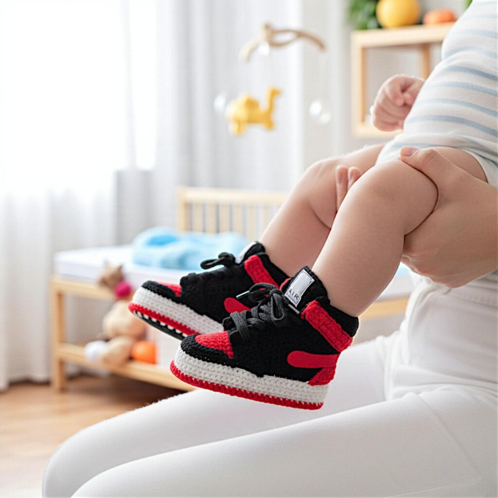 Red and Black Crochet Baby Jordan Style Sneakers - view 4