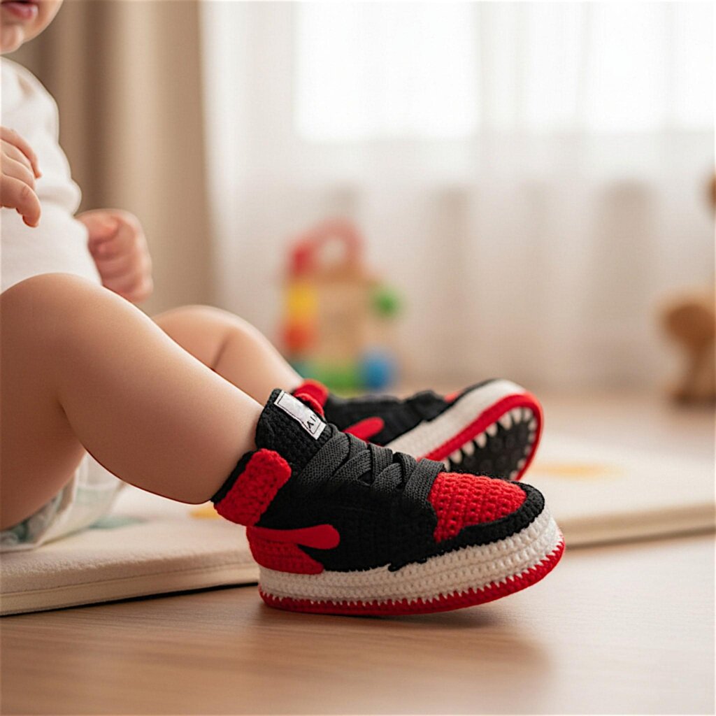 Red and Black Crochet Baby Jordan Style Sneakers - view 2