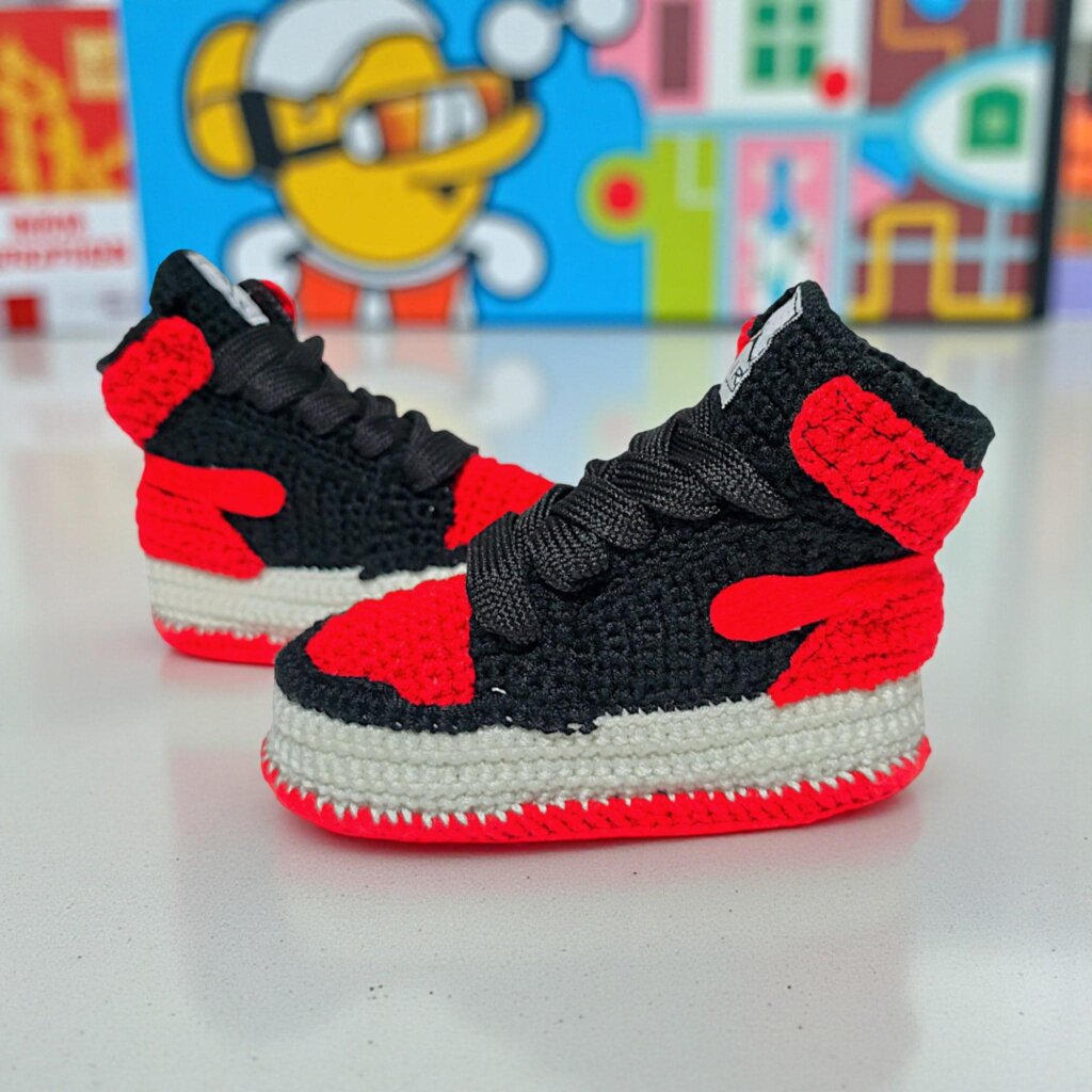 Red and Black Crochet Baby Jordan Style Sneakers - view 5