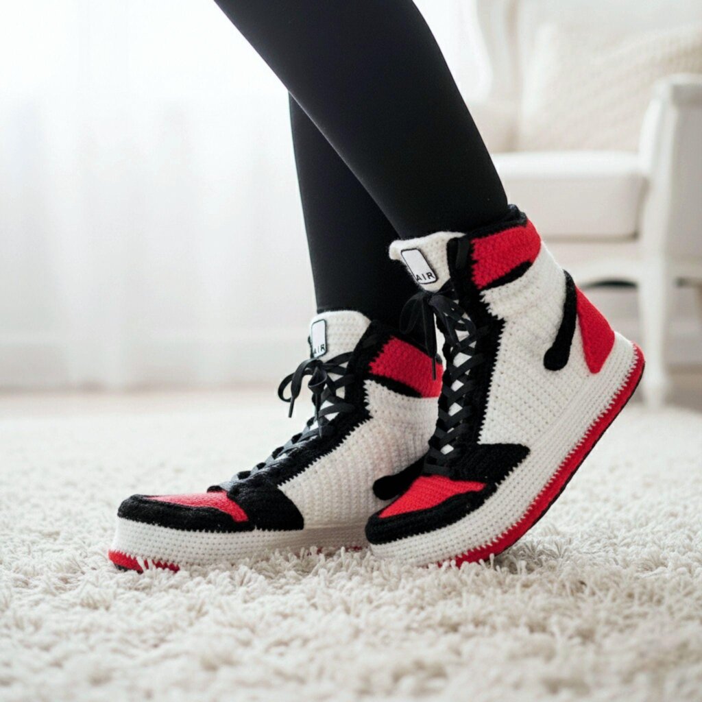 Custom Crochet High Top Jordan-Style Bred Sneakers Slippers - view 3