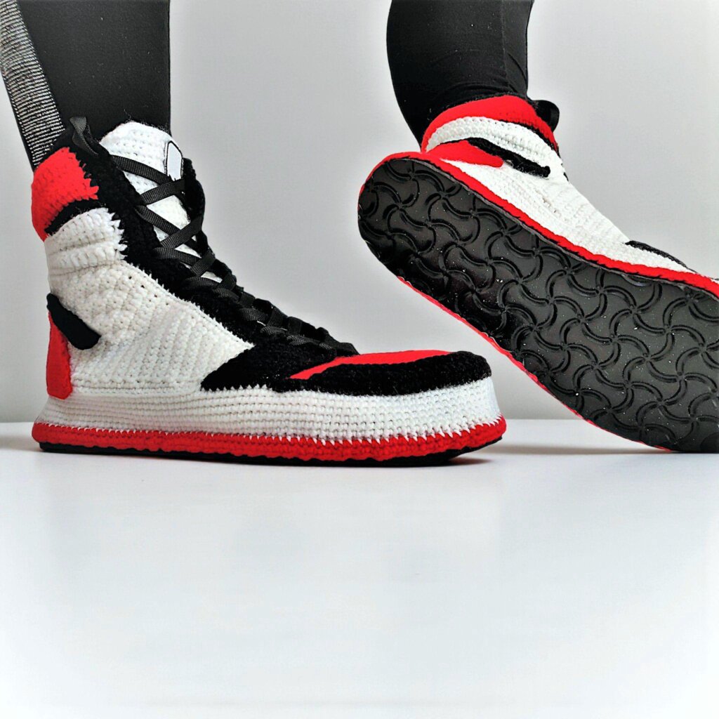 Custom Crochet High Top Jordan-Style Bred Sneakers Slippers - view 5