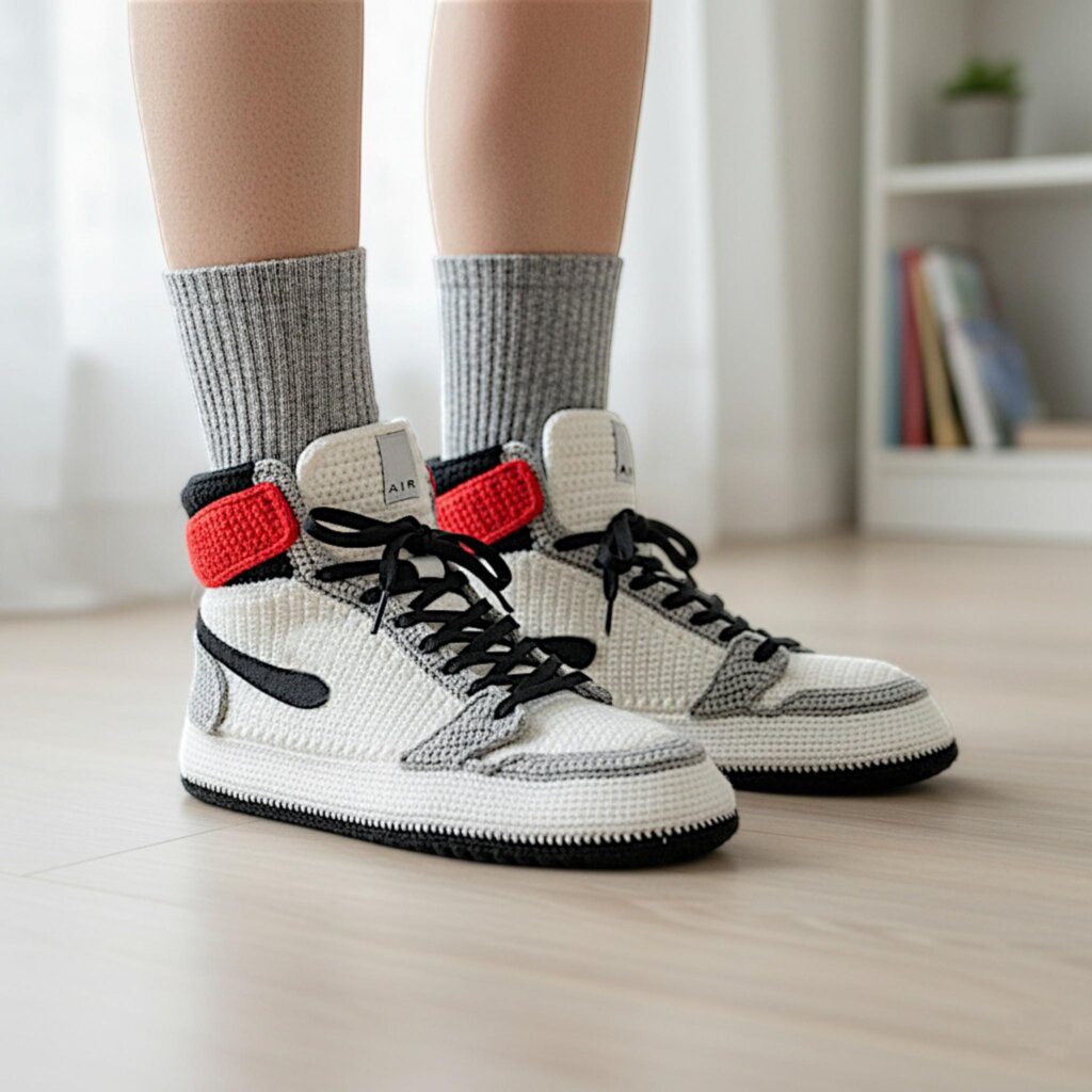 Crochet Jordan-Style Smoke Gray Sneaker Slippers - view 2 Crochet Jordan-Style Smoke Gray Sneaker Slippers - view 2