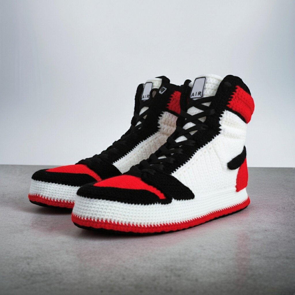 Custom Crochet High Top Jordan-Style Bred Sneakers Slippers - view 4