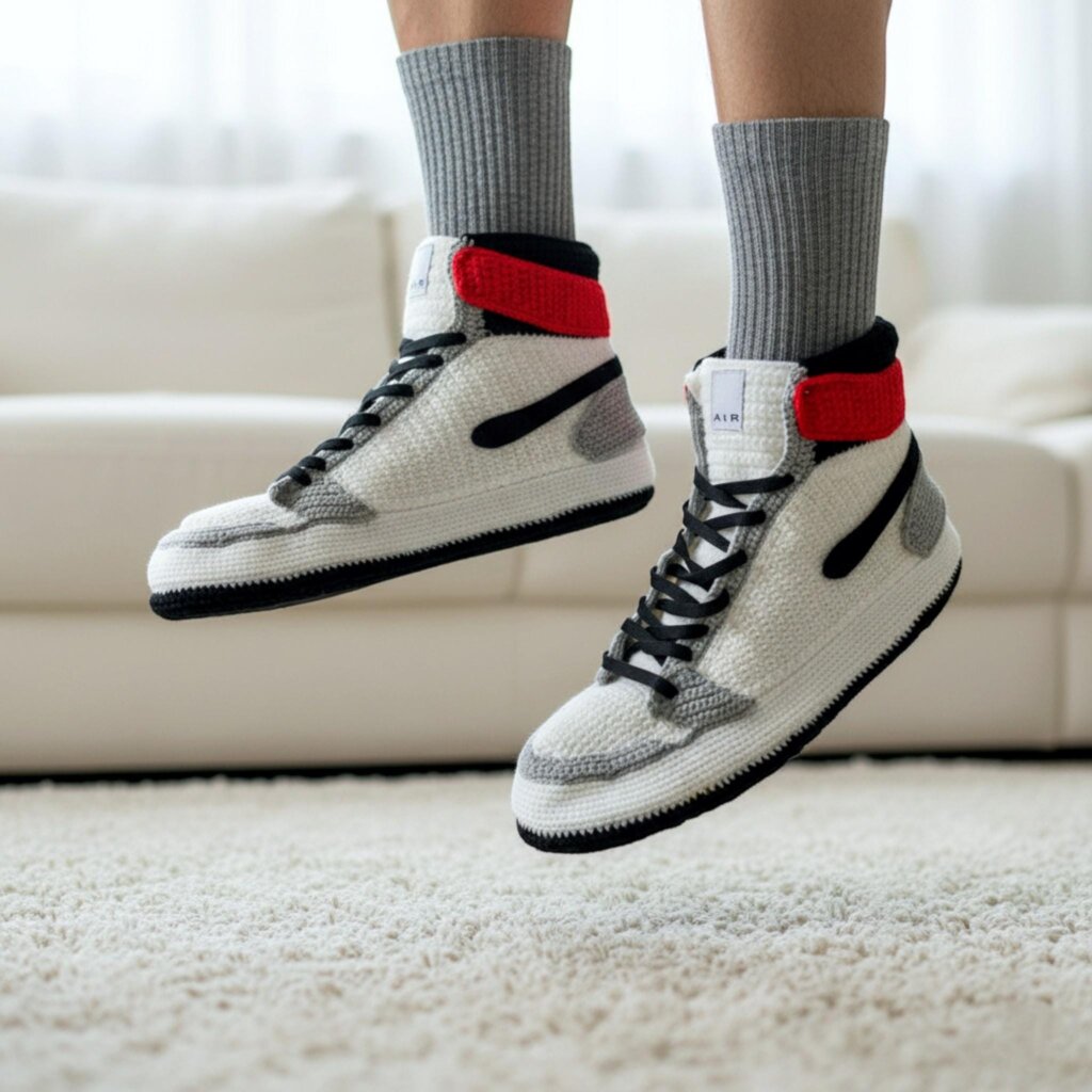 Crochet Jordan-Style Smoke Gray Sneaker Slippers - view 4 Crochet Jordan-Style Smoke Gray Sneaker Slippers - view 4