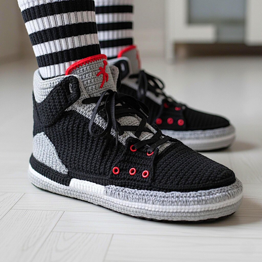 Black Cement Crochet Jordan-Style Sneaker Slippers Men Women - view 2