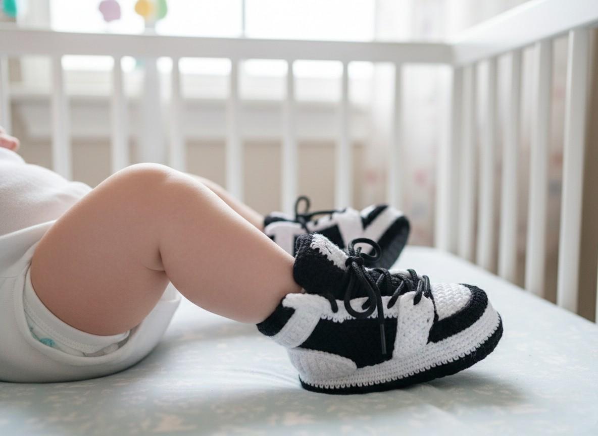 Crochet Baby Jordans Sneakers Newborn White and Black Booties Knitted Crib Shoes Retro Basketball Outfit Customizable Photoshoot Props