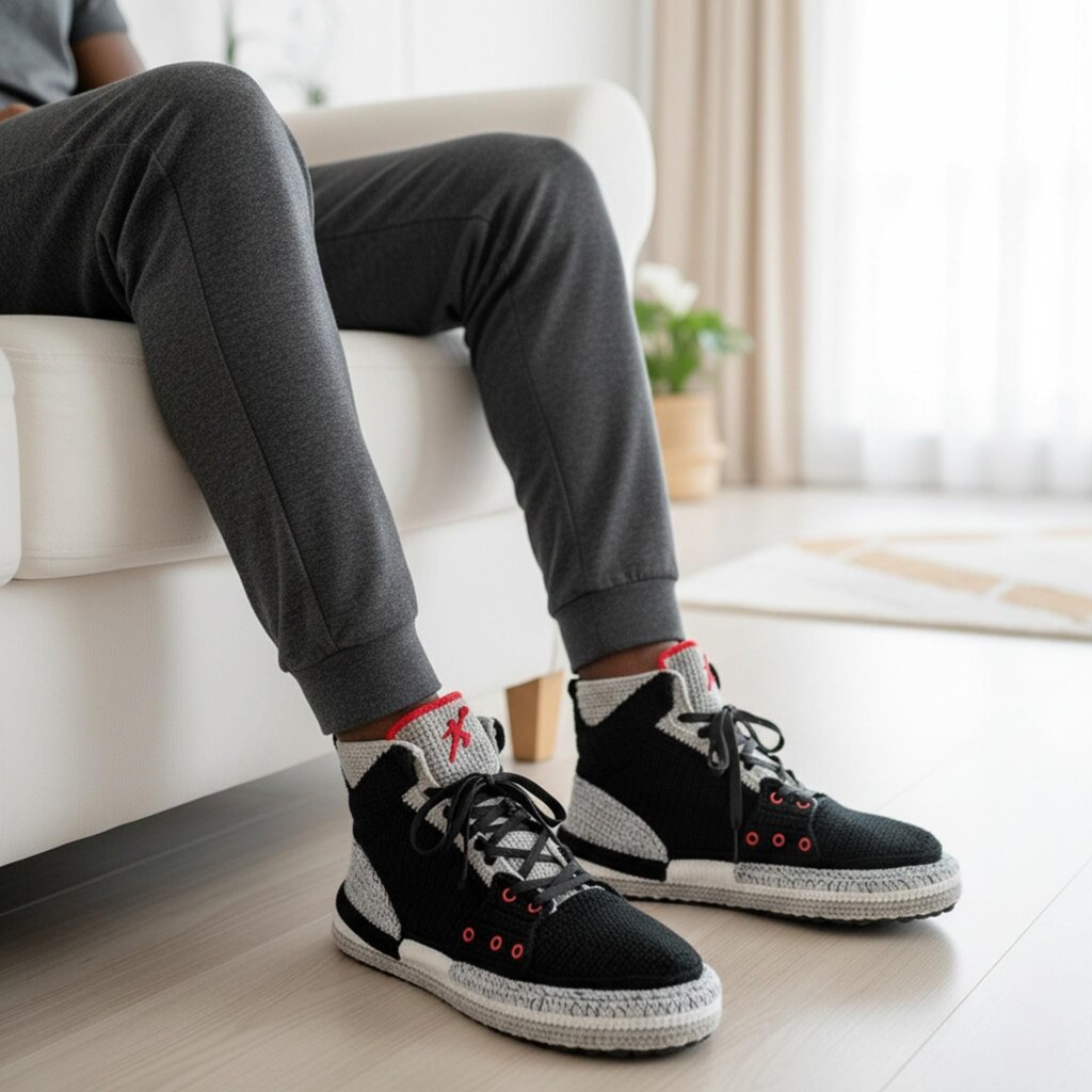 Black Cement Crochet Jordan-Style Sneaker Slippers Men Women - view 4