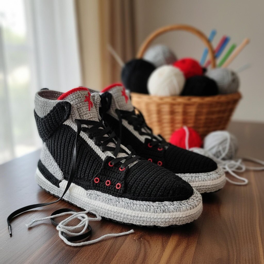 Black Cement Crochet Jordan-Style Sneaker Slippers Men Women - view 5