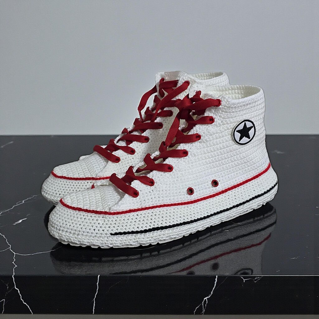Classic Converse-style Hi Top White Crochet Sneakers Slippers - view 4