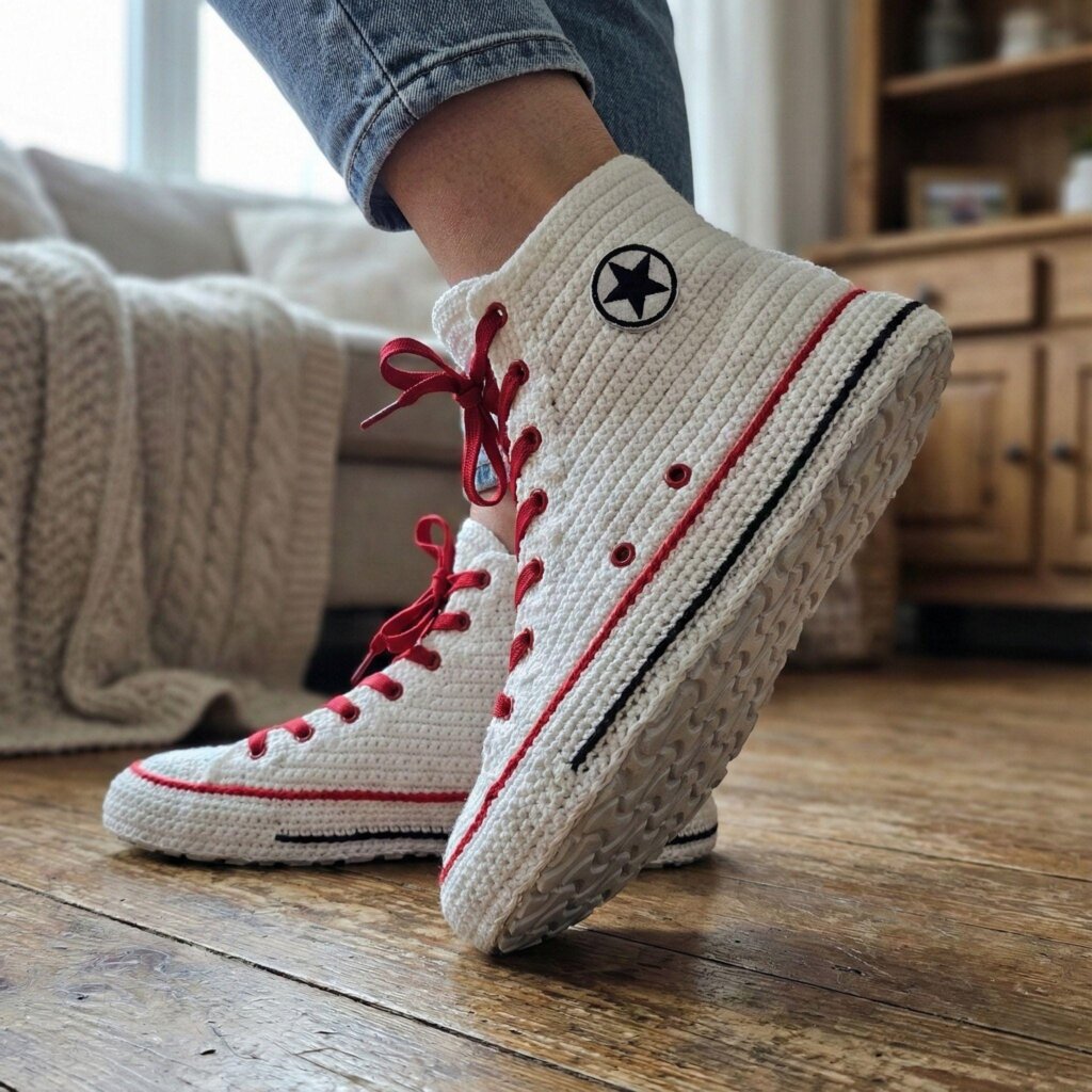 Classic Converse-style Hi Top White Crochet Sneakers Slippers - view 3