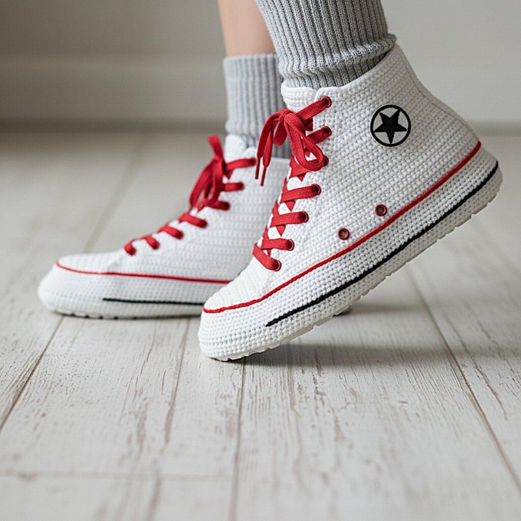 Classic Converse-style Hi Top White Crochet Sneakers Slippers - view 5