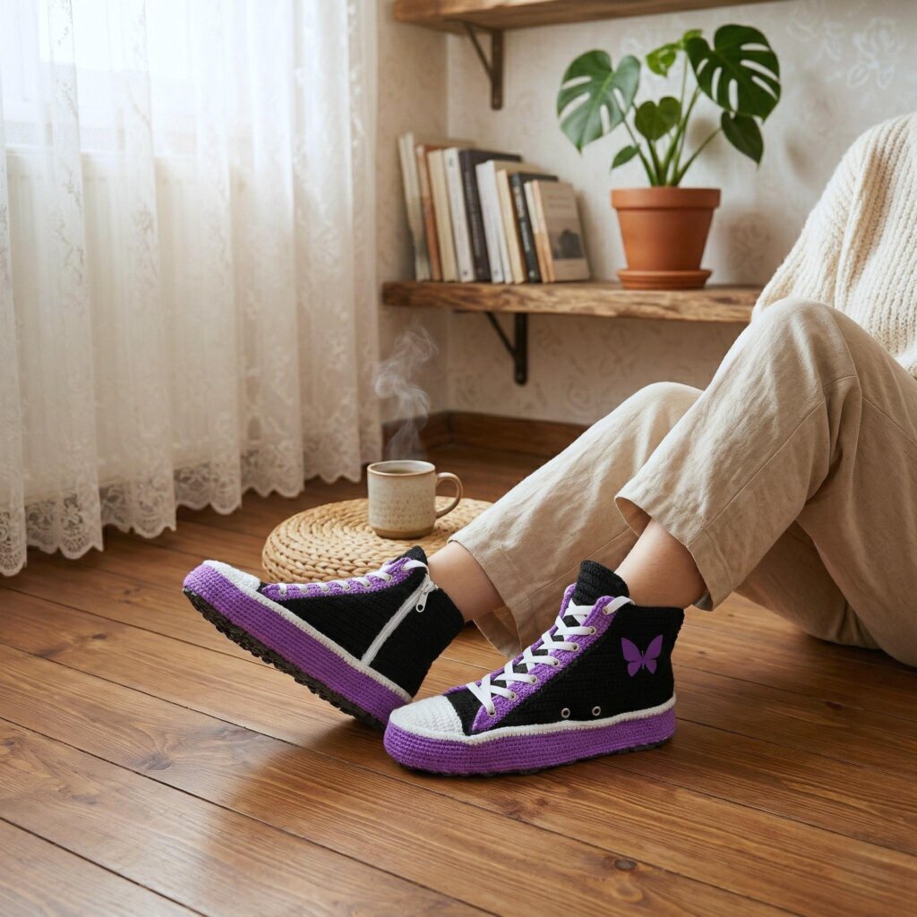 Purple Black Butterfly Crochet Sneaker Slippers - view 2 Purple Black Butterfly Crochet Sneaker Slippers - view 2