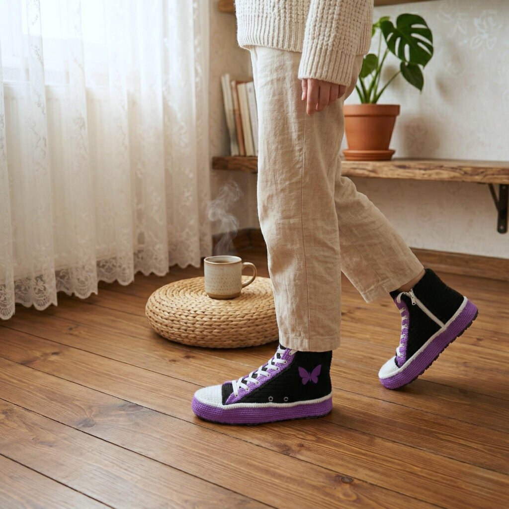 Purple Black Butterfly Crochet Sneaker Slippers - view 4 Purple Black Butterfly Crochet Sneaker Slippers - view 4