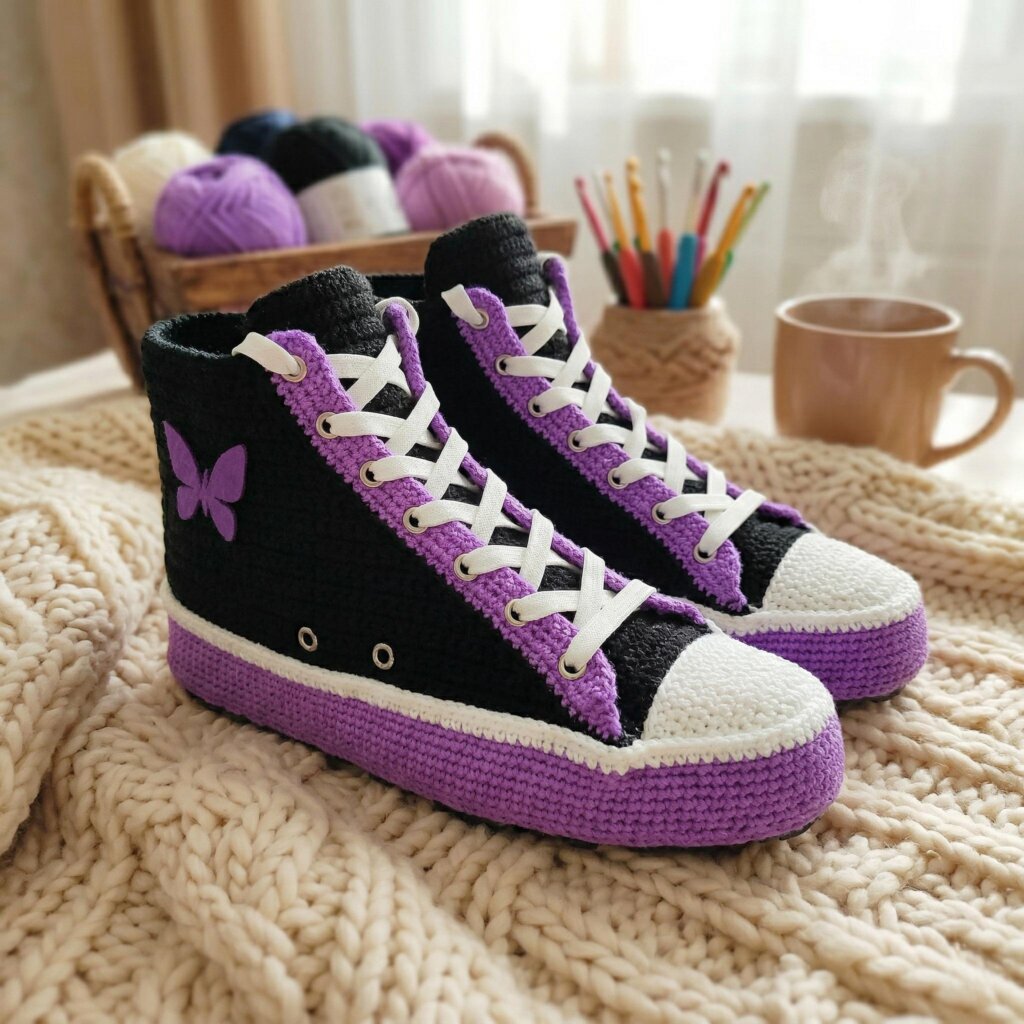 Purple Black Butterfly Crochet Sneaker Slippers - view 5 Purple Black Butterfly Crochet Sneaker Slippers - view 5