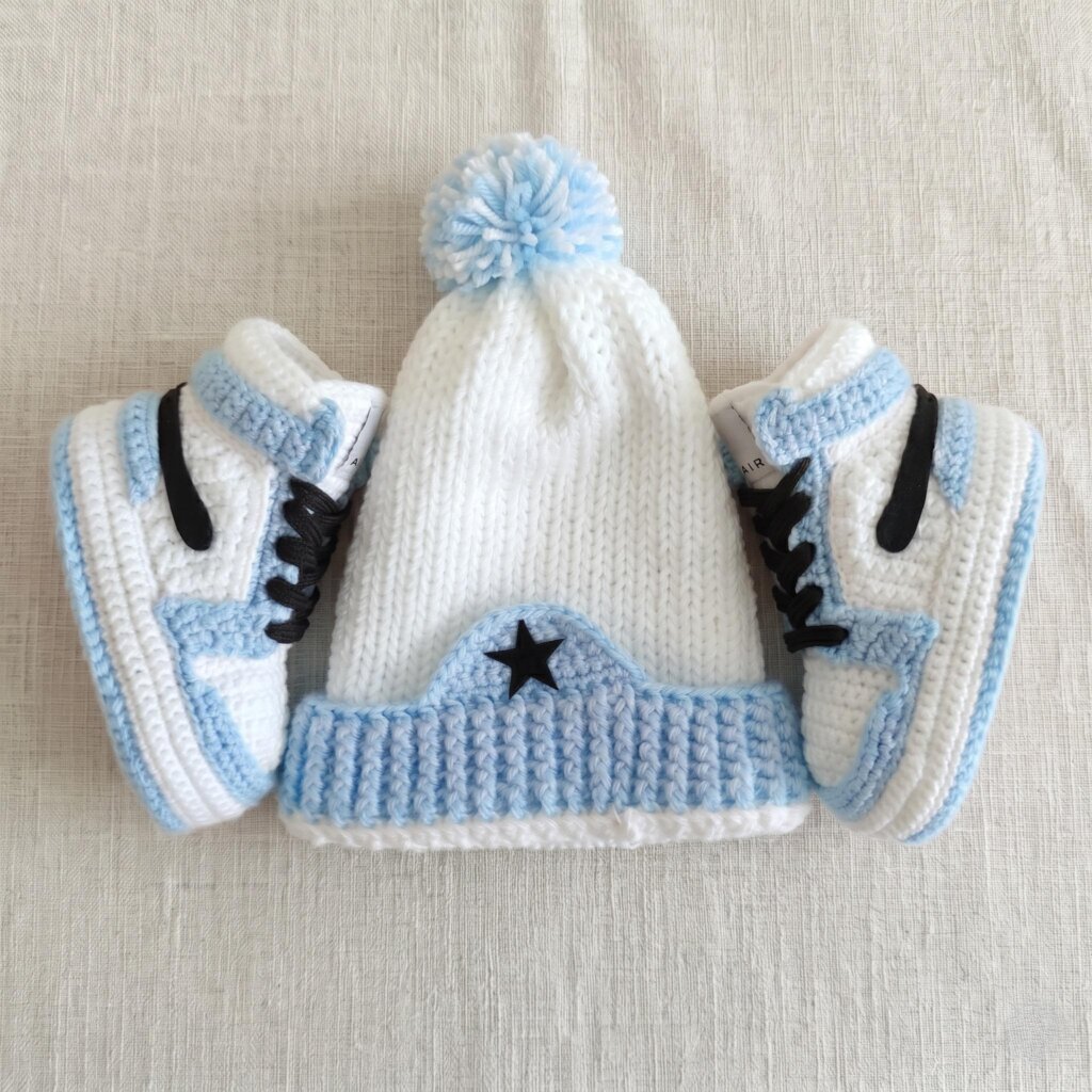 Crochet Baby Jordan Sneakers Booties and Hat Set - view 2