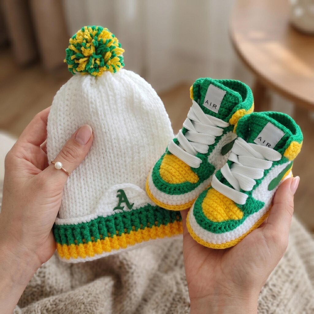 Crochet Baby Sneaker Booties Hat Set - view 2