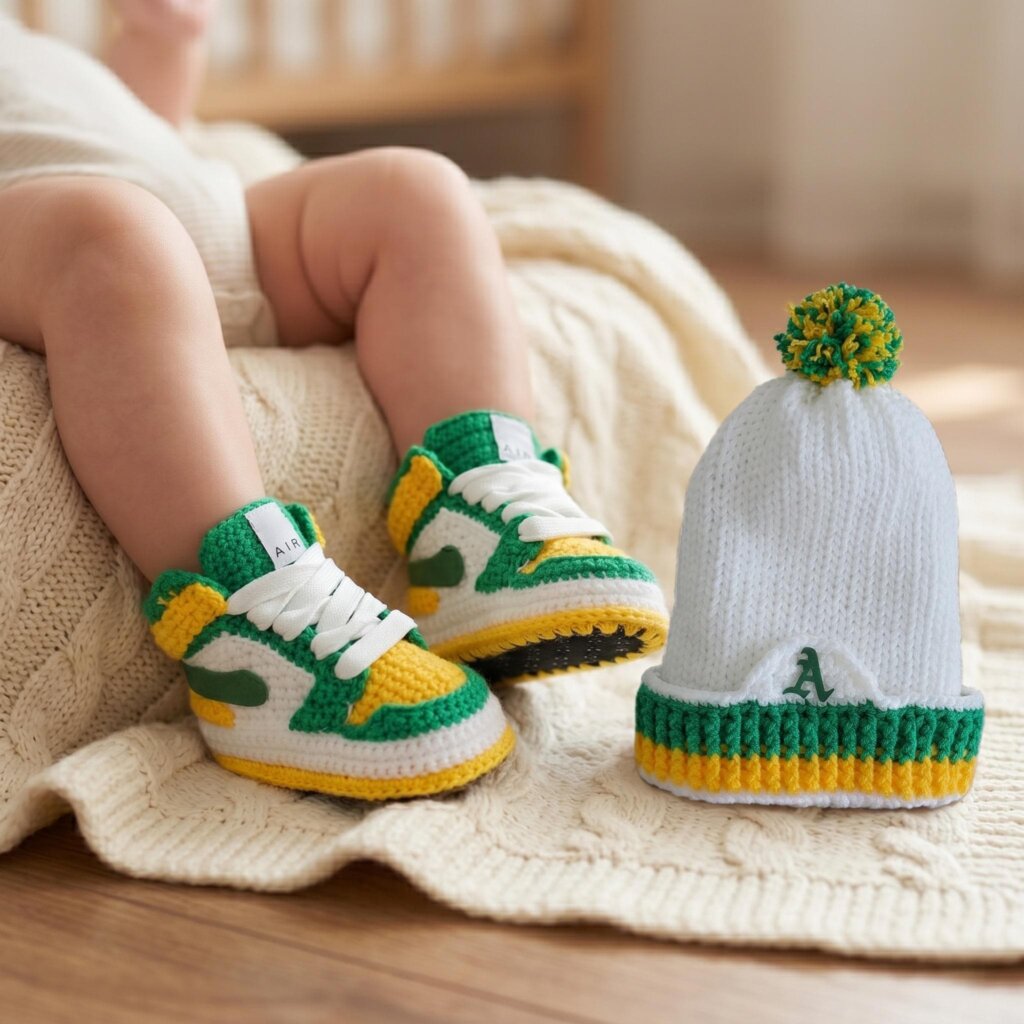 Crochet Baby Sneaker Booties Hat Set - view 4