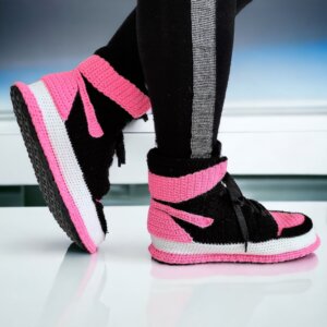 Custom Knitted Cozy Pink Sneaker Plush Slippers, Basketball and Streetwear Outfit, Retro High Top Indoor Sneakers, Cute Plush Booties Socks