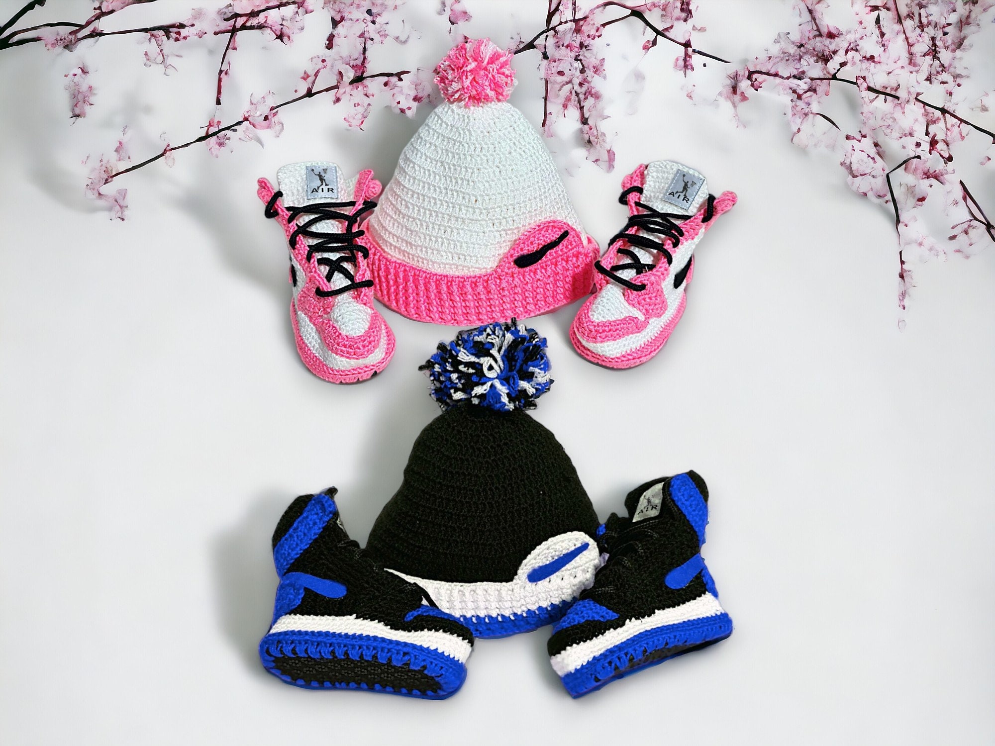 Crochet Baby Jordan Booties and Newborn Hat Set - Baby Shower Gifts - Newborn Photo Props - Baby Winter Sets, Baby Welcome, Modern Baby Wear