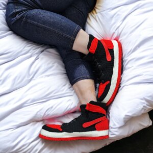 Black Red Knitted High Top Retro Basketball Sneaker Slippers - Jordan Style Crochet Sneaker Custom Kicks - Custom Plush Unisex House Shoes