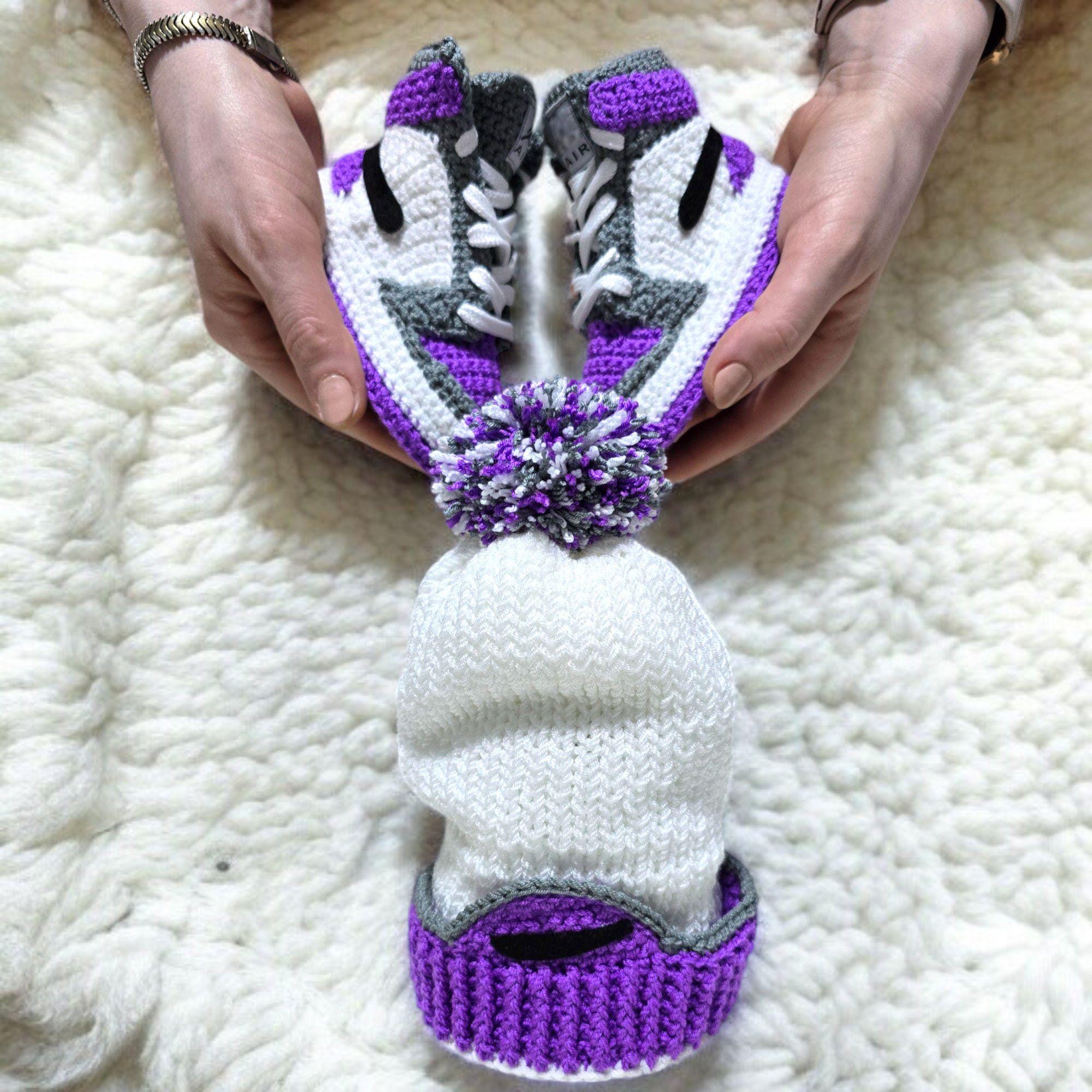 Crochet Baby Jordan Sneakers And Beanie Set | Purple Basketball Booties | Newborn Gift | Gender Neutral Baby Outfit | Custom Newborn Shoes