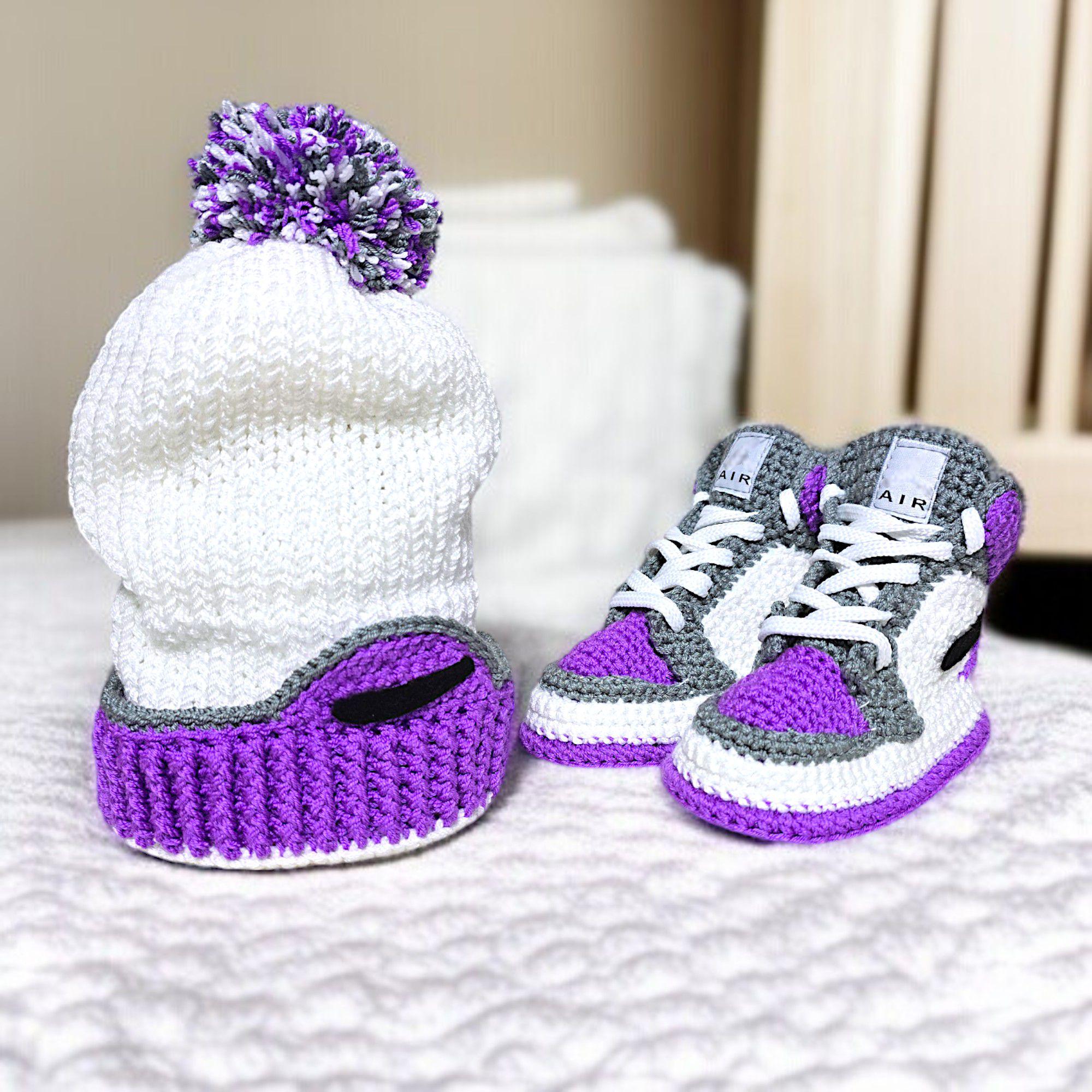 Crochet Baby Jordan Sneakers And Beanie Set | Purple Basketball Booties | Newborn Gift | Gender Neutral Baby Outfit | Custom Newborn Shoes