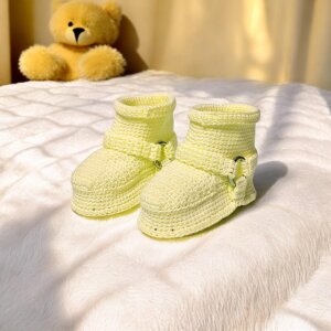 Gender-Neutral Yellow Baby Booties, Handmade Organic Cotton Crochet Sneakers, Motorcycle Baby Crib Shoes, Newborn Gift for Boys and Girls