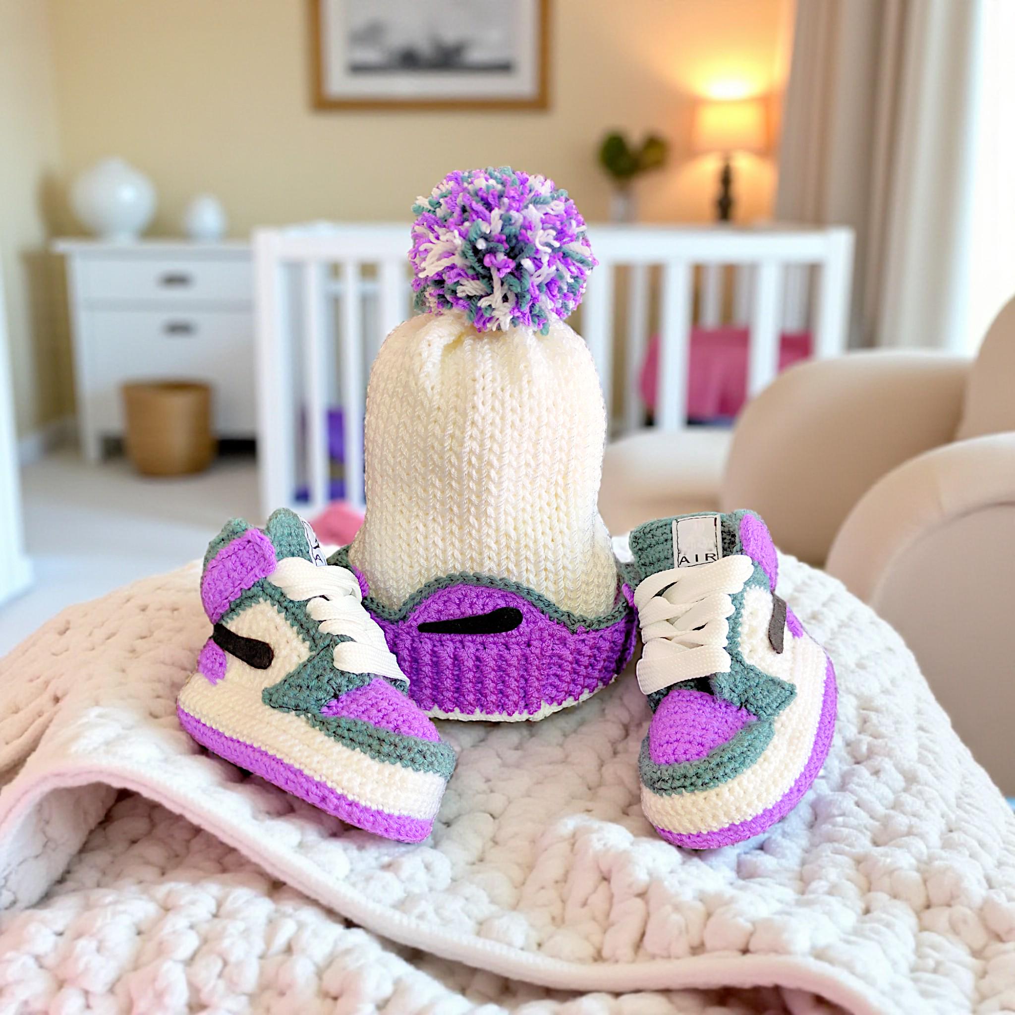 Jordan Baby Hat and Booties Set, Knit Newborn Sneakers & Beanie, Gender Neutral Baby Shower Gift, Forrest Green Purple Baby Outfit Gifts